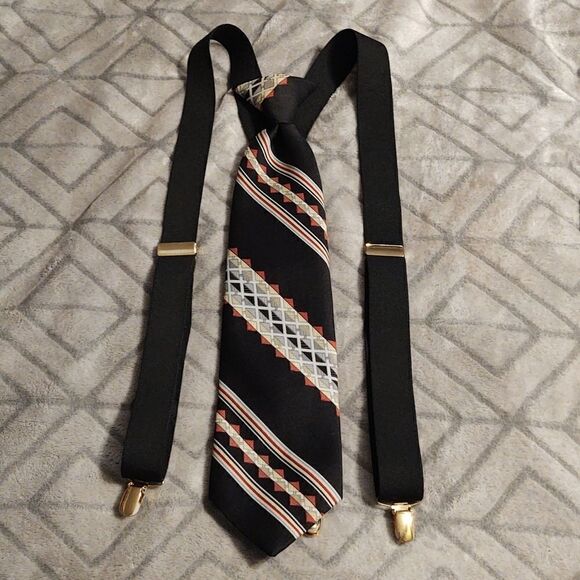 70s retro clip-on tie by Castle and suspender set - Picture 1 of 6